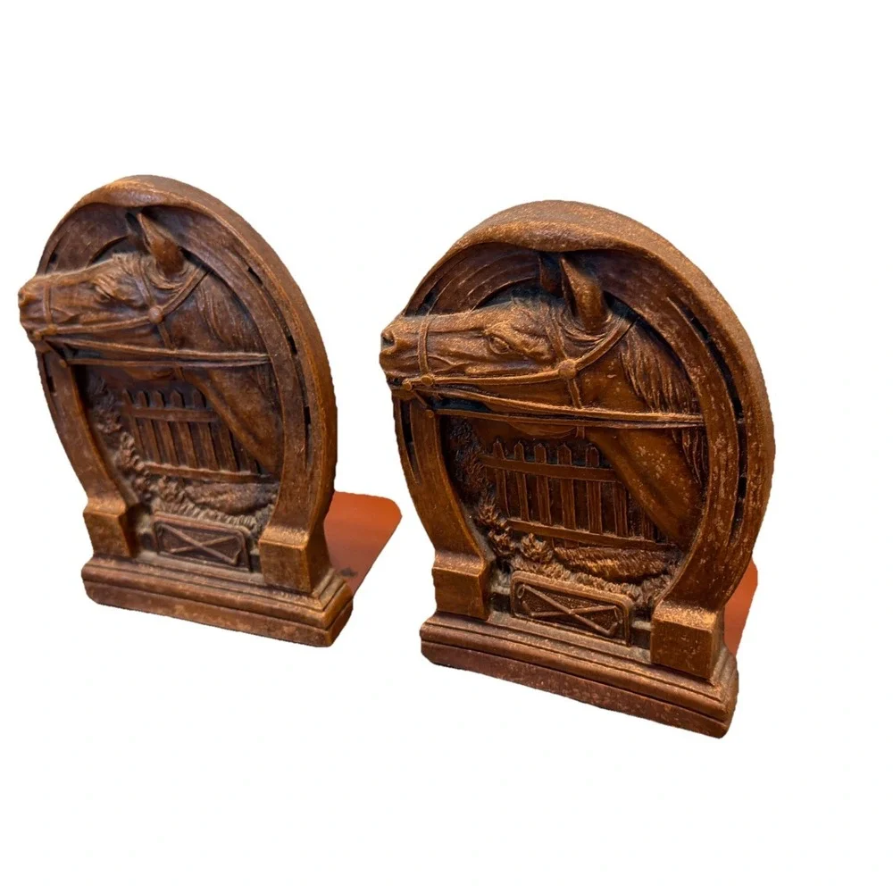 Vintage Horse Head Horseshoe Bookends Faux Wood Equestrian Decor Set of 2